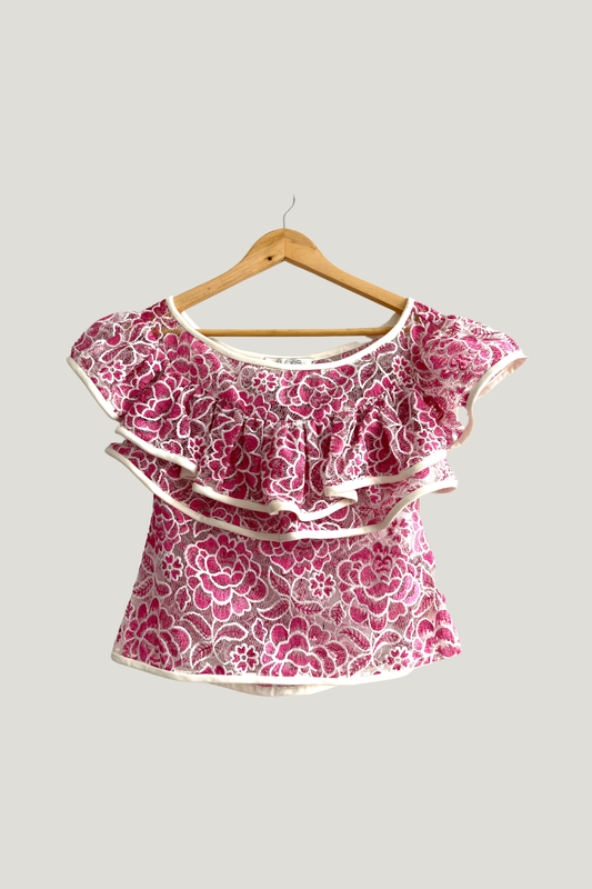 Alexis Pink Semi Sheer Lace and Embroidered Off the Shoulder Blouse